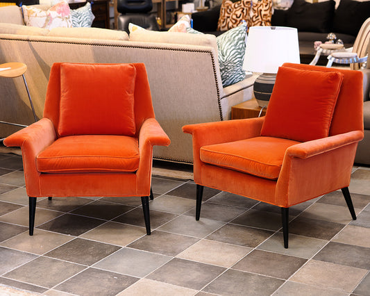 Pair of Vintage MCM Orange Velvet Lounge Chairs