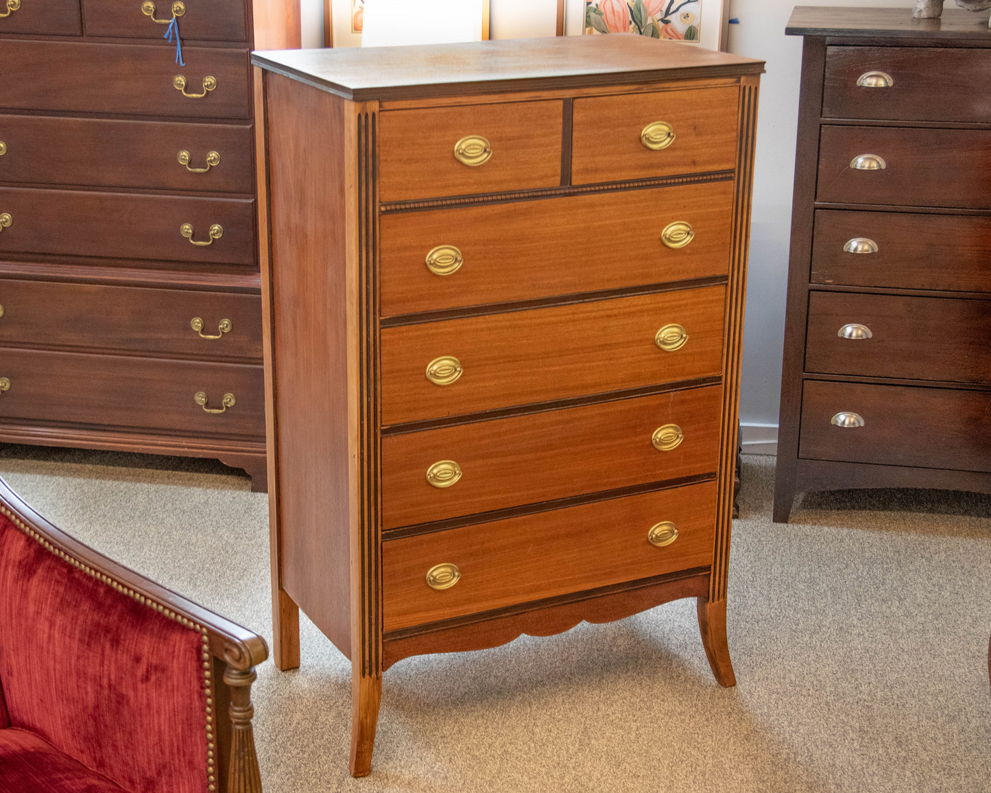 Six Drawer Mahogany Chest W/ Beaded Column Design &  Brass Hardware