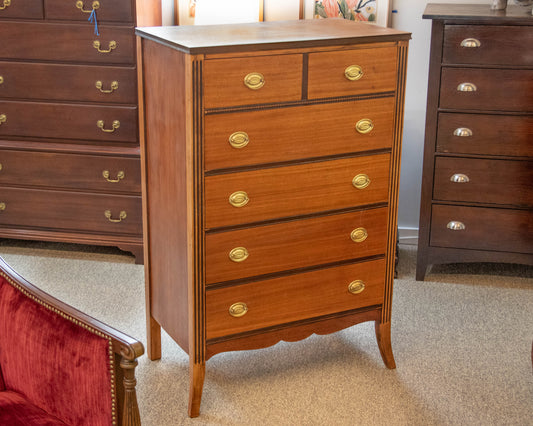 Six Drawer Mahogany Chest W/ Beaded Column Design &  Brass Hardware