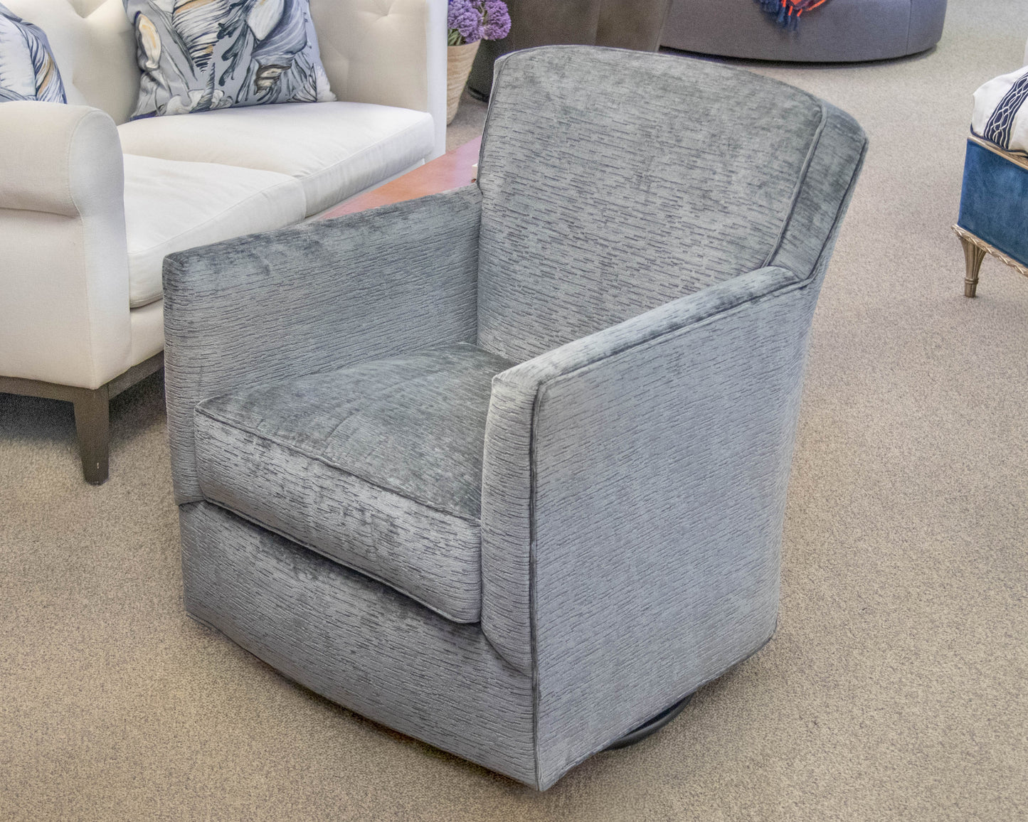 Basset Swivel Chair Upholstered In Grey Chenille Fabric