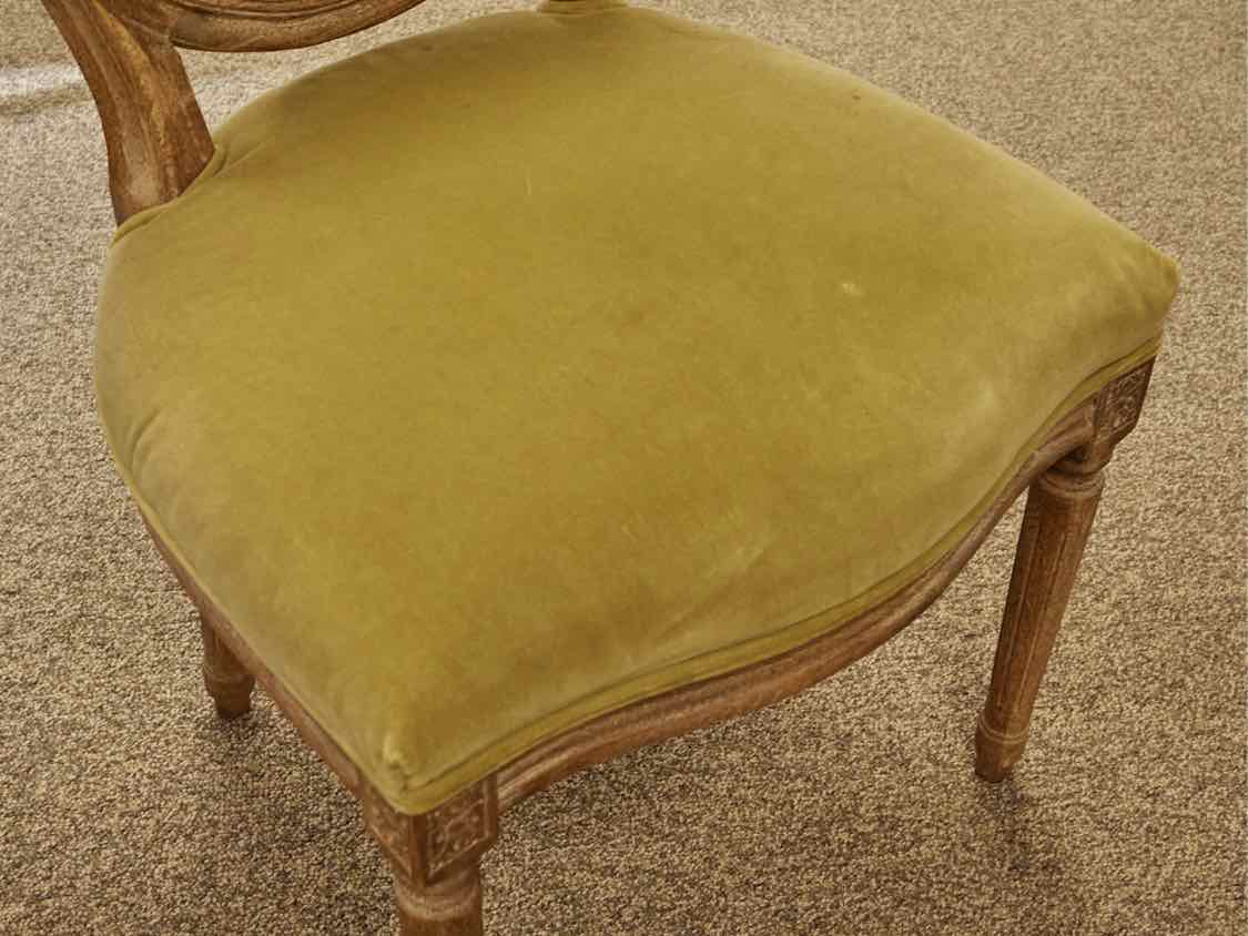 Set of 6 French Style Oval Back Dining Chairs in Avocado Velvet on Drifted Frame