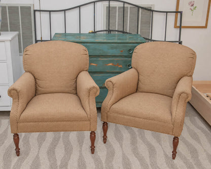 Pair of Lee Jofa  Beige & Rust Roll Arm Club Chairs on Turned Legs