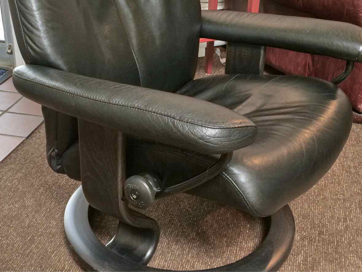 Ekornes Black Leather Stressless Arm Chair  & Ottoman