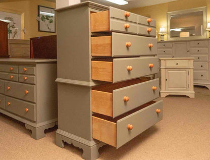 Eucalyptus Green Finish 5 Drawer Chest on Chest with Natural Wood Knobs