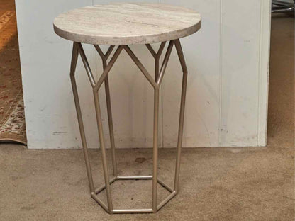 Travertine Stone Top Accent Table with Beige Finish Metal Base