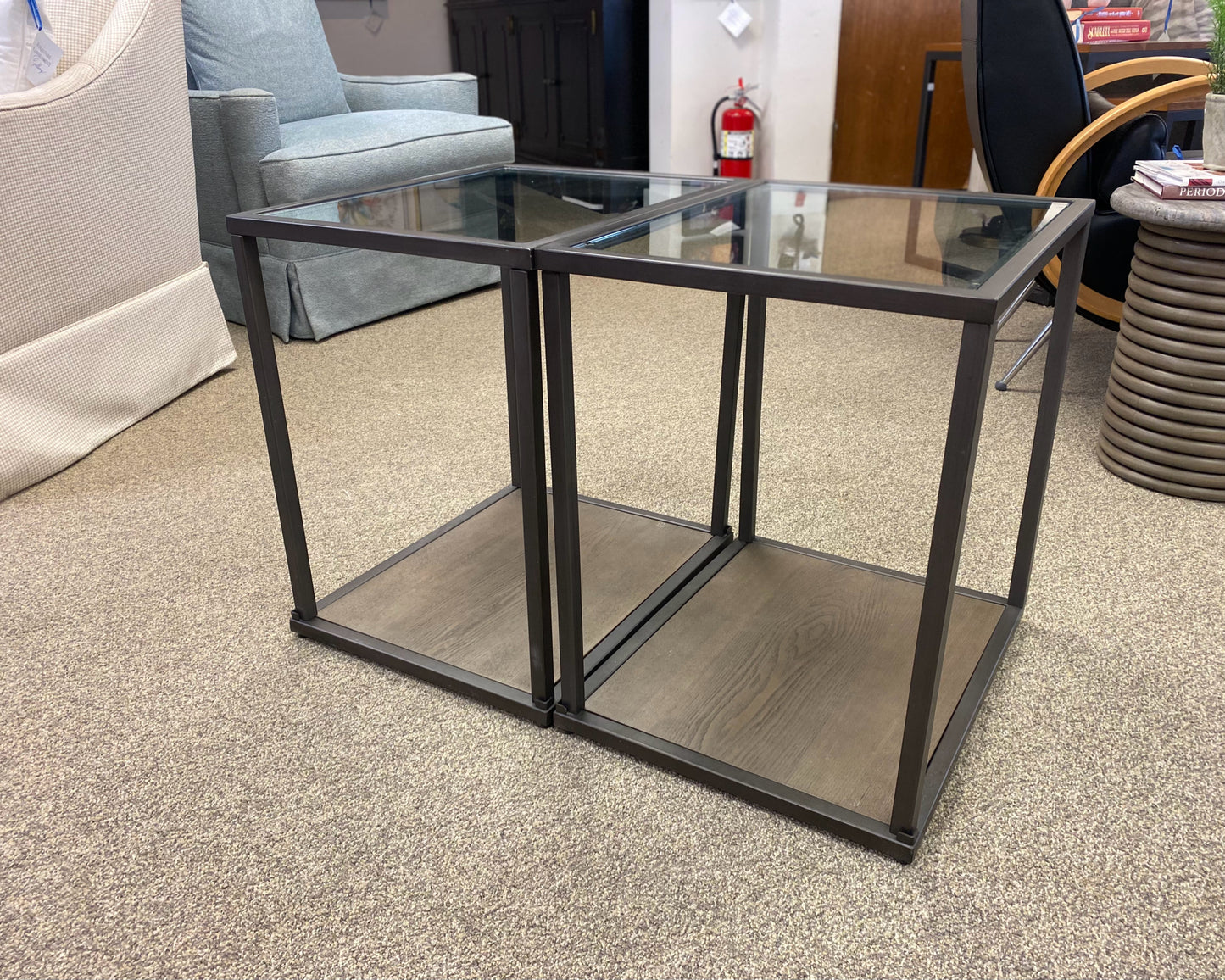 Pair of Metal Frame Glass Top Side Tables