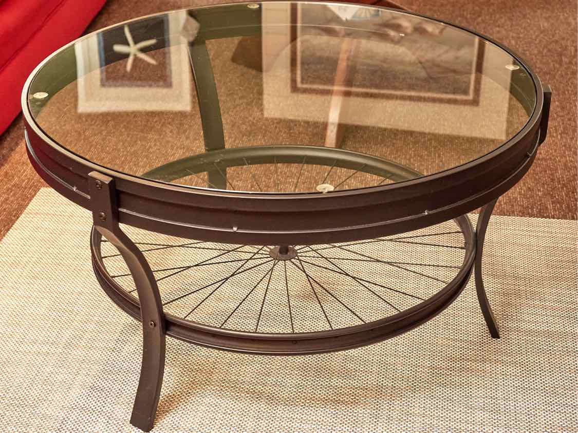 Round Glass Top Cocktail Table Black Finish Aluminum Bicycle Wheel Base