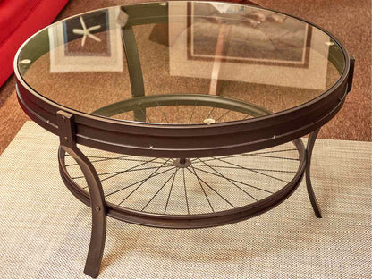 Round Glass Top Cocktail Table Black Finish Aluminum Bicycle Wheel Base