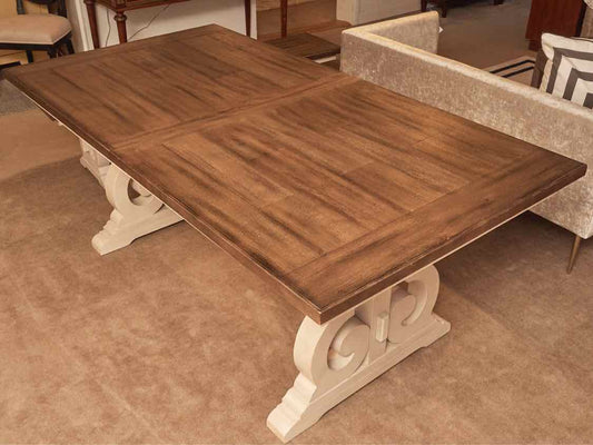 Trestle Style Espesso Finish Oak 'Sand' Finish Base Dining Table