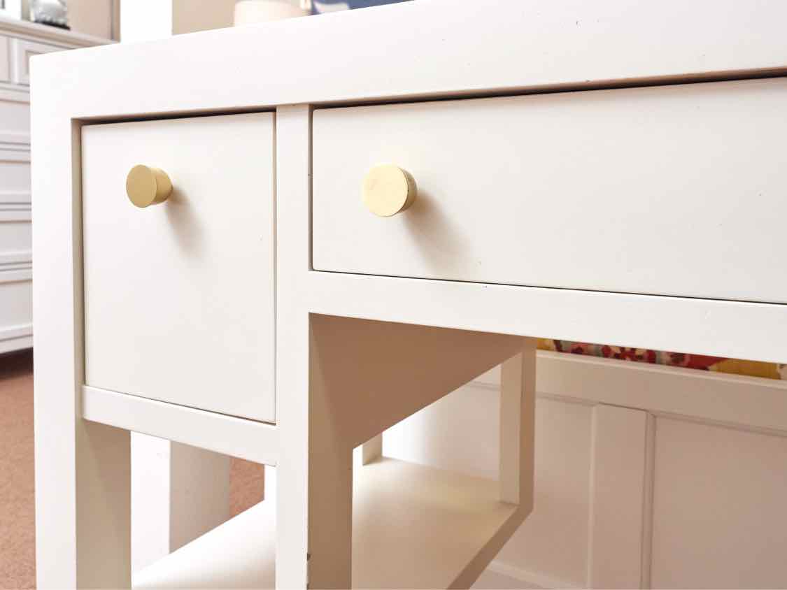 Off White 3 Drawer 2 Shelf Vanity Includes Acrylic Leg Sheepskin Stool