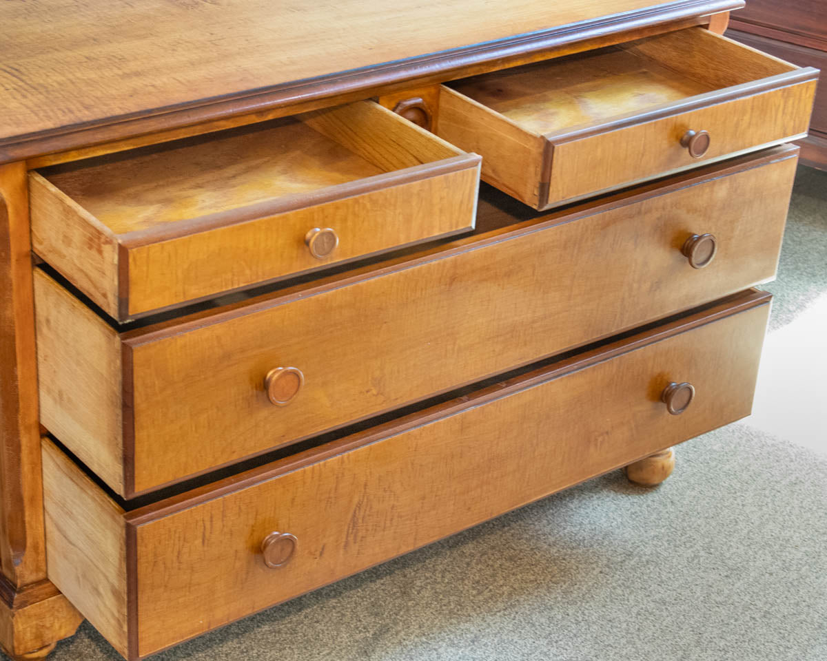 Tiger Maple 4-Drawer Chest with Wood Pulls and Turned Feet