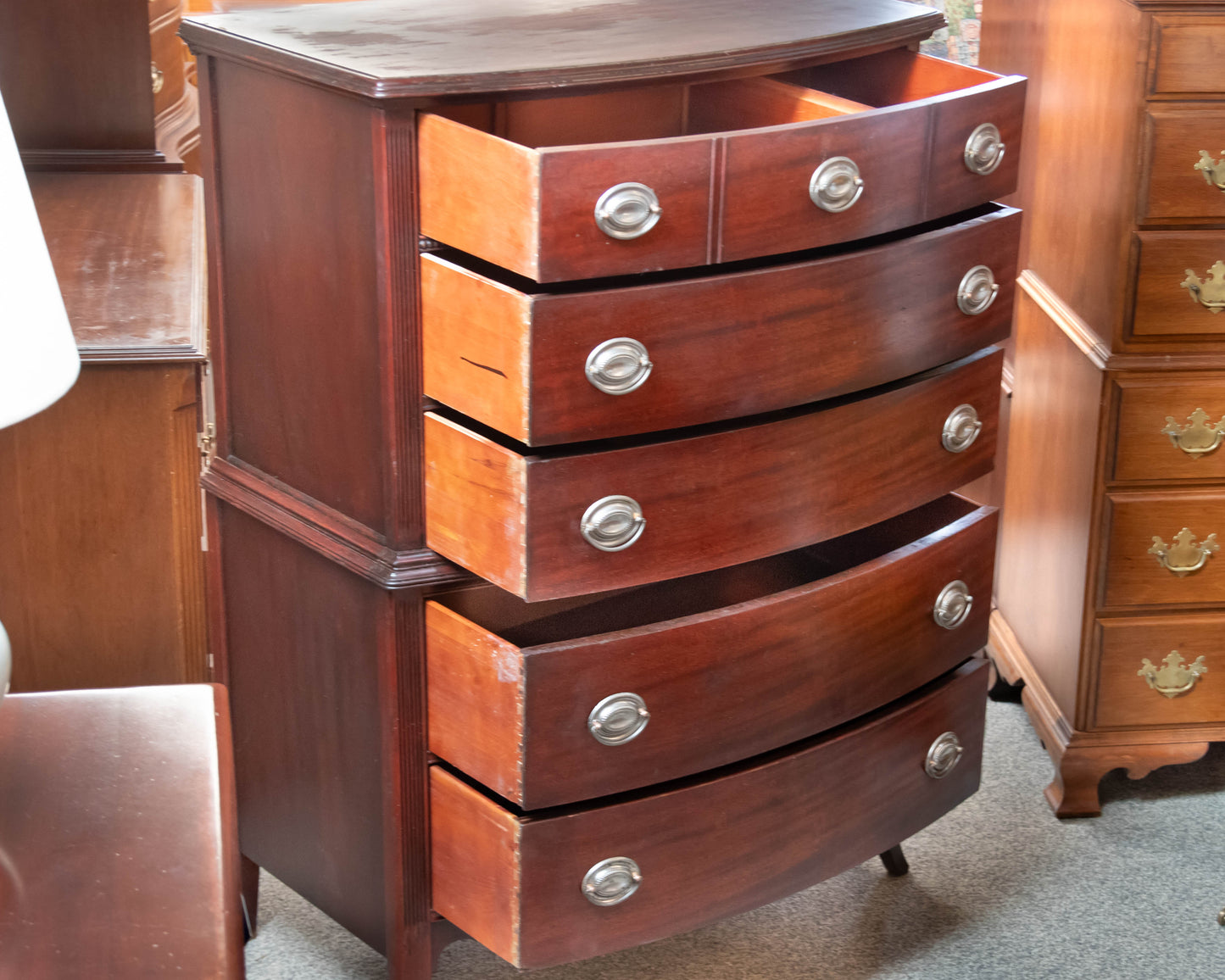 Morgaton Mahogany Bow Front 5 Drawer Chest W/ Silver Finished Hepplewhite
