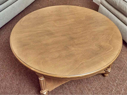 Synergy House  Stained Ash Round With Lower Shelf Turned Legs Cocktail Table