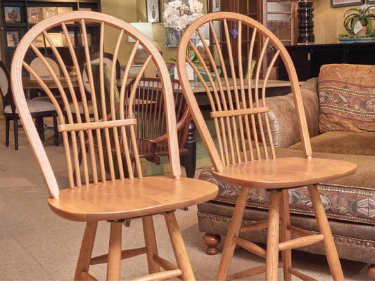 Pair of Oak Sheaf Back Swivel Counter Stools