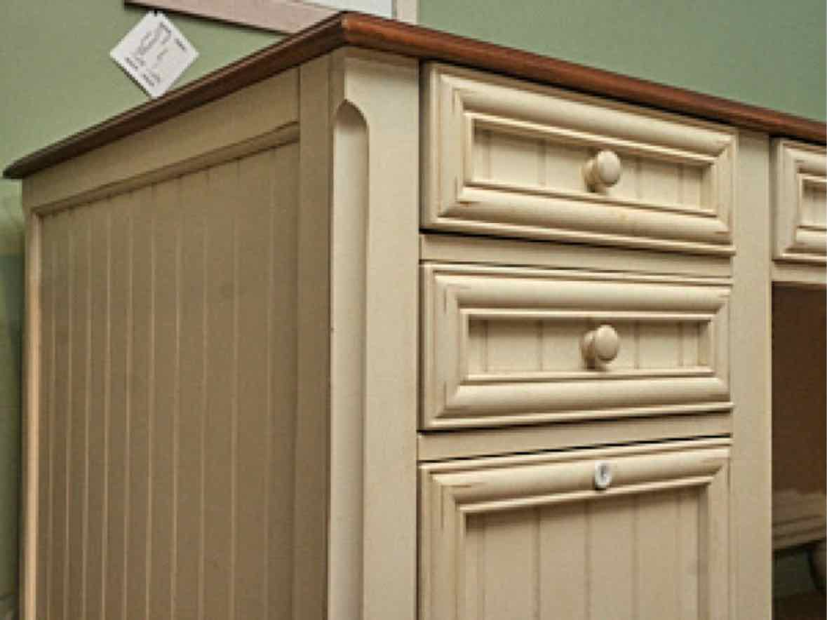 Cream Finish L Shaped Desk with Cherry Top