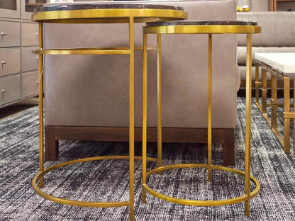 Pair of Black Marble Nesting  Side Tables with  Brass Base
