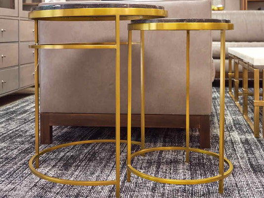 Pair of Black Marble Nesting  Side Tables with  Brass Base
