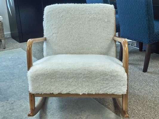 MCM Style Rocking Chair with Faux Sheep Upholstery