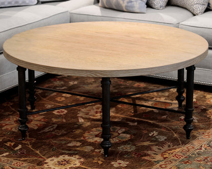 Round Natural Wood Cocktail Table With Black Metal Base