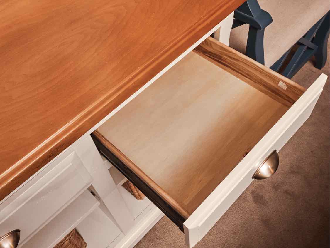 White Media Furniturewith Maple Top with 3 Drawers & 3 Cubbies