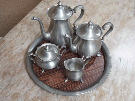 Towle Pewter Tea, Coffee, Sugar & Creamer Set Includes Round Tray