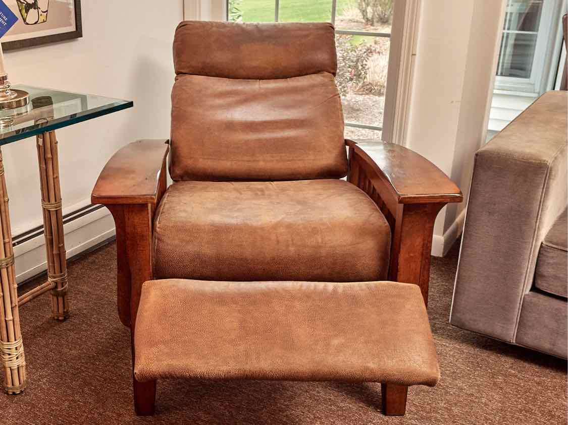 Best Chairs Inc  Mission Style Suede Upholstered Cushions Stained Ash Recliner