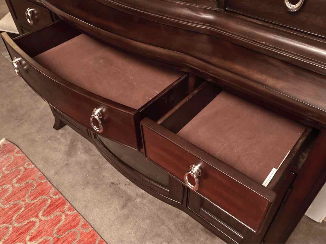 Espresso Finish 5 Drawer 3 Door Chrome Knobs &  Attached Mirror Sideboard