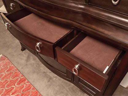 Espresso Finish 5 Drawer 3 Door Chrome Knobs &  Attached Mirror Sideboard