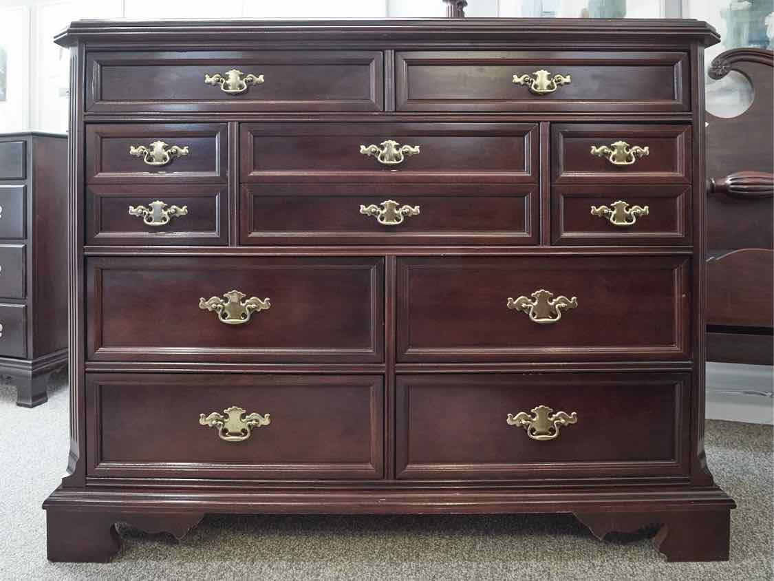 Bassett Cherry Double Dresser with 9 Drawers &  Brass Chippendale Pulls