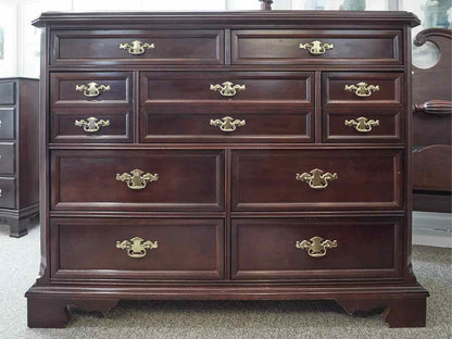 Bassett Cherry Double Dresser with 9 Drawers &  Brass Chippendale Pulls