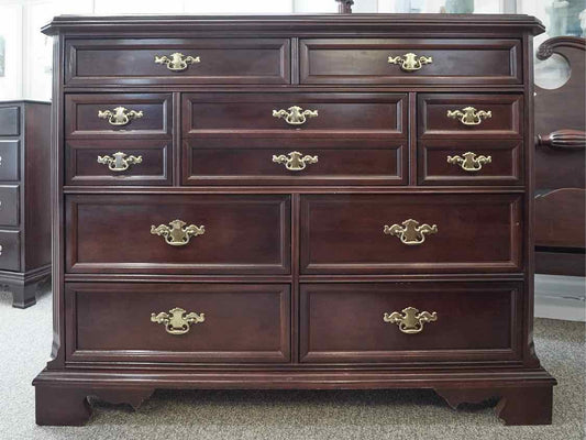 Bassett Cherry Double Dresser with 9 Drawers &  Brass Chippendale Pulls