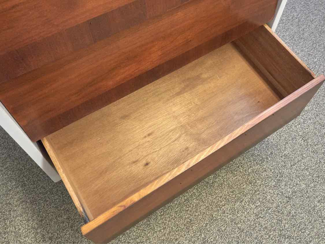 Mid Century Modern Arctic White Finsih 4 Walnut Front Drawer Chest