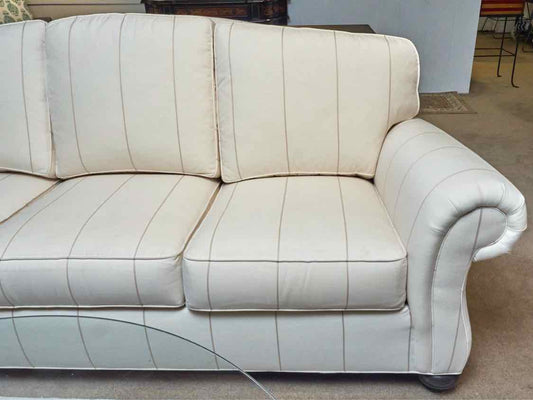 Ethan Allen 3 Cushion Cream & Taupe Stripe Rolled Arms  Sofa