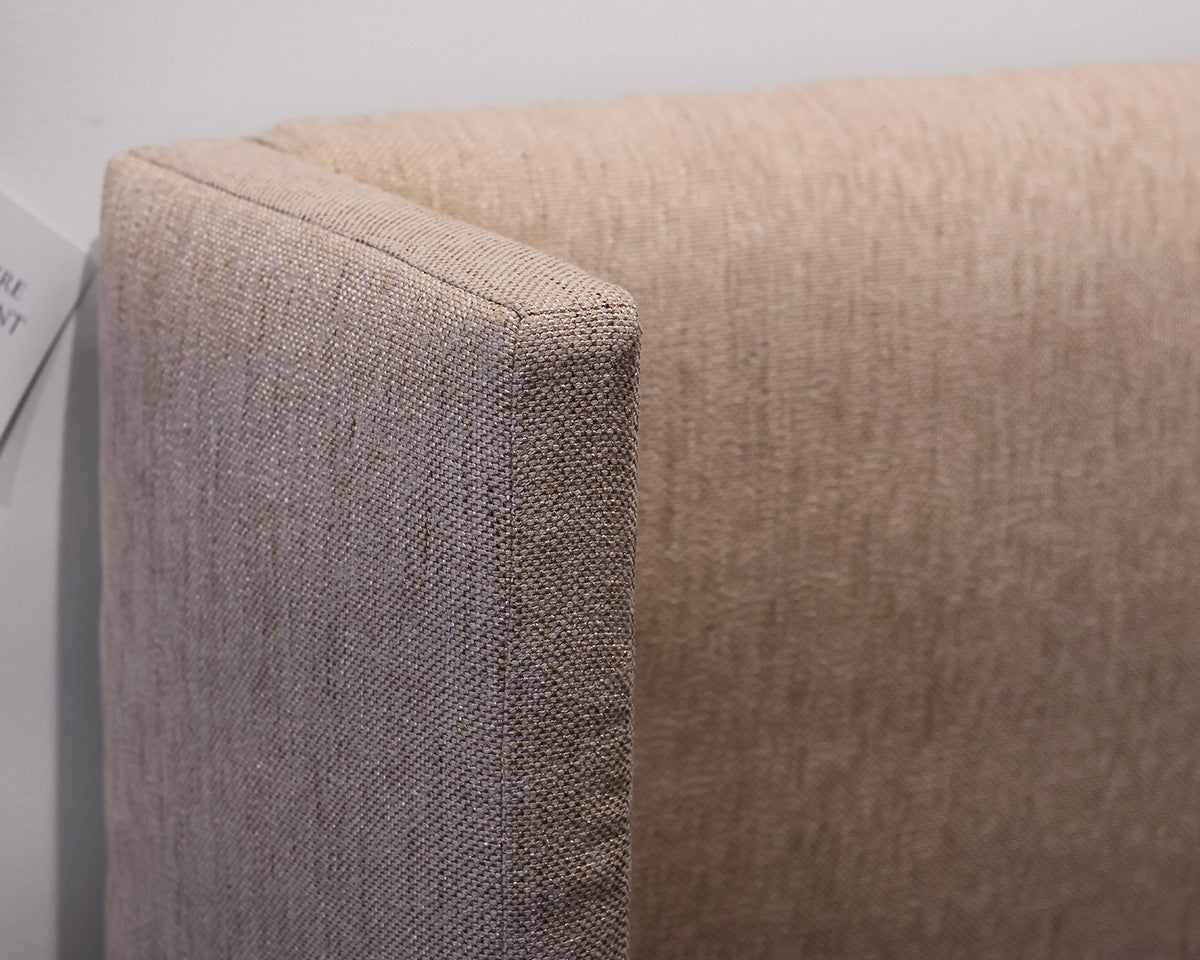 King Bed Upholstered in a Beige/Gold Woven Fabric. HB/LPFB/Rails/Metal Slats
