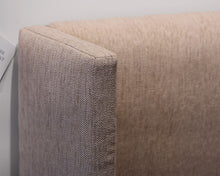 King Bed Upholstered in a Beige/Gold Woven Fabric. HB/LPFB/Rails/Metal Slats