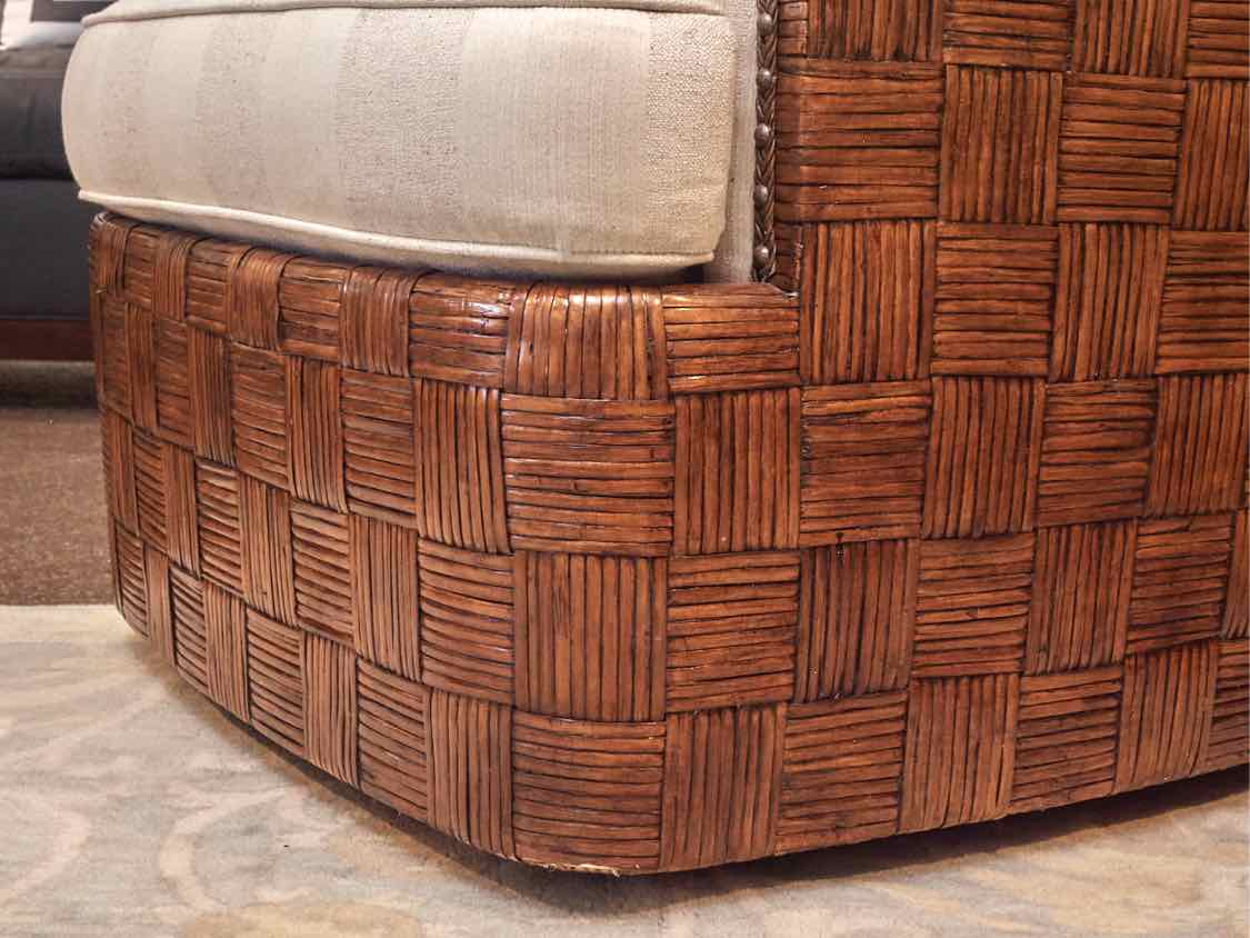 Pair Of Tommy Bahama 'Nagano '' Rattan & Stripe Upholstered Swivel Chairs