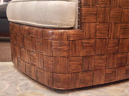 Pair Of Tommy Bahama 'Nagano '' Rattan & Stripe Upholstered Swivel Chairs