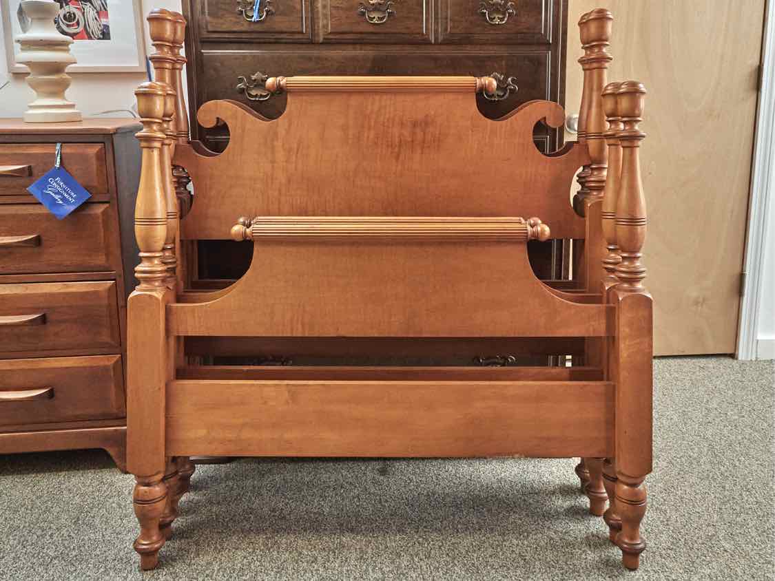 Pair of Tiger Maple 2 Post Twin Bed with Rolling Pin Top