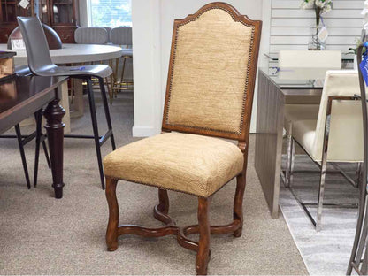 Wood Paneled Dining Table & 8 Fabric Dining Chairs w/ Nail Head Trim