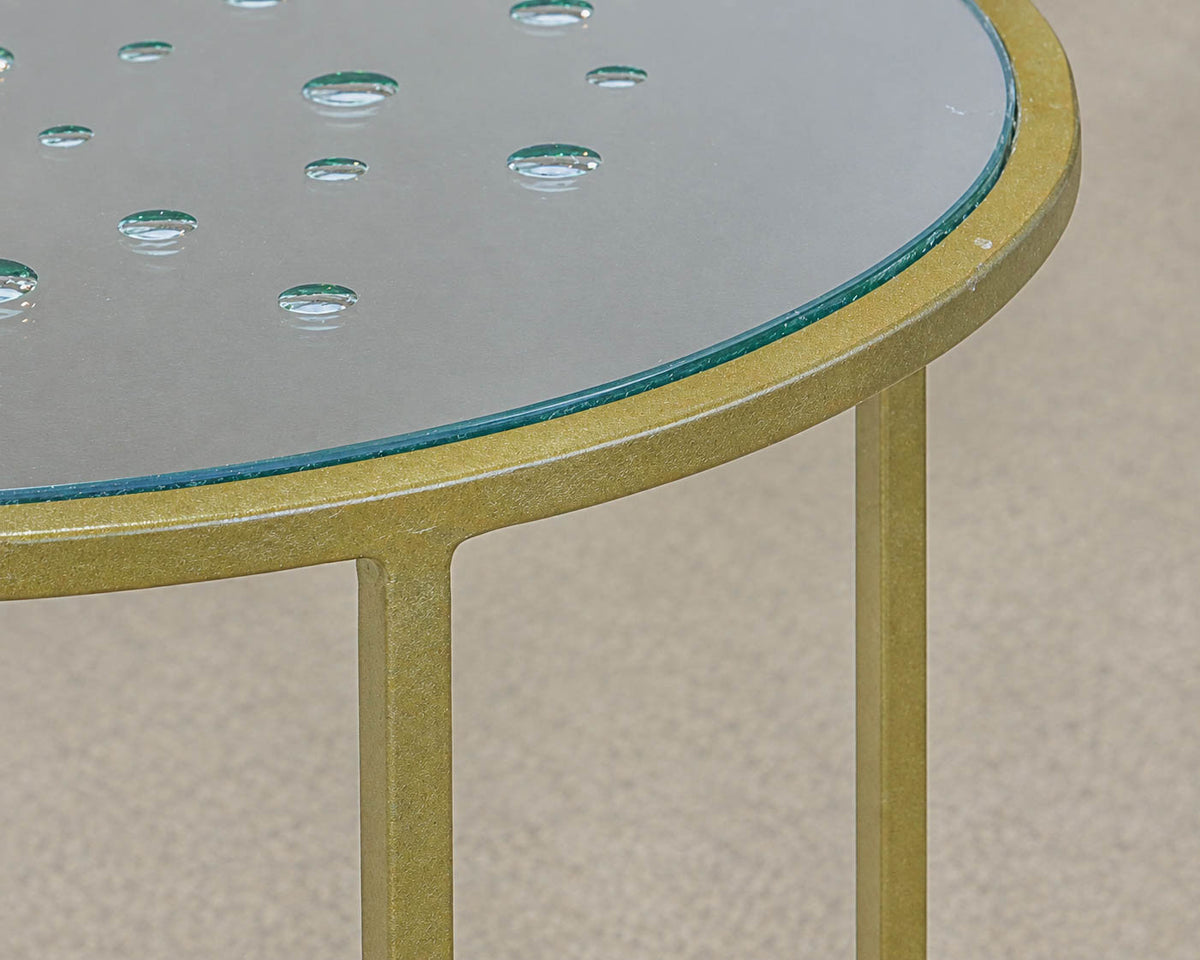 Metal Accent Side Table with Water Droplet Design and Glass Mirrored Top