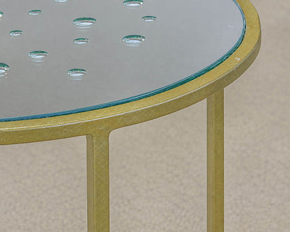 Metal Accent Side Table with Water Droplet Design and Glass Mirrored Top