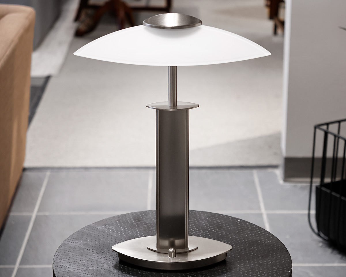 Table Lamp w/ Satin Nickle Finish and White Glass Shade
