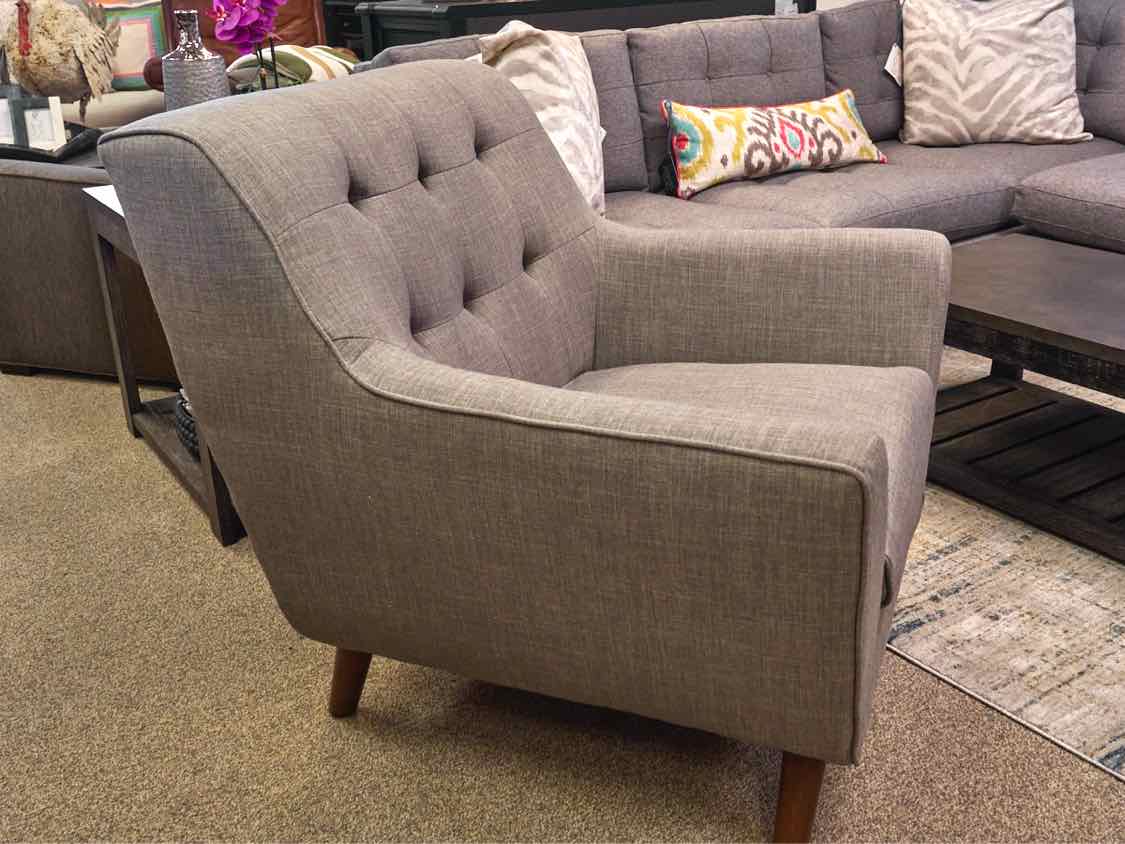Contemporary Grey Upholstered Arm Chair with Button Back