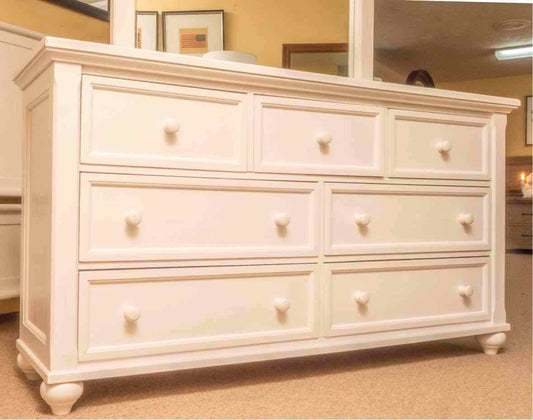 White Finish 7 Drawer Dresser with Beadboard Top & Mirror