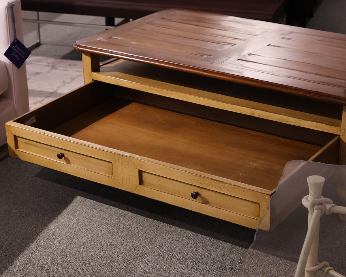 Lillian August French Country Cocktail Table in Ochre with Natural Finish Top