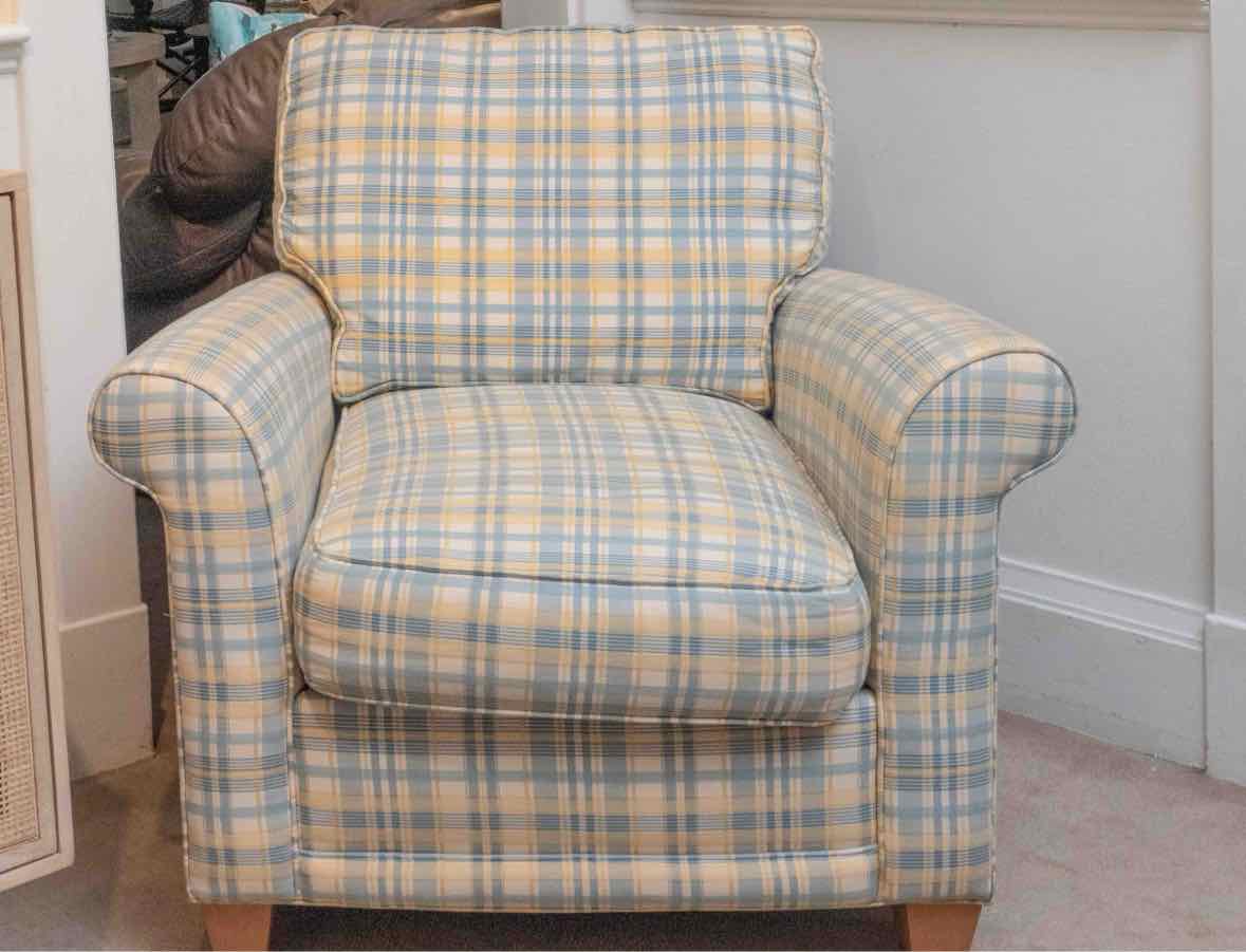 Rowe Sky Blue, Yellow, Ivory Plaid Chair & Ottoman