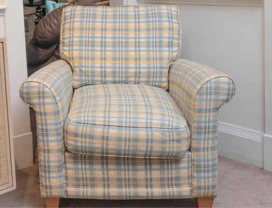 Rowe Sky Blue, Yellow, Ivory Plaid Chair & Ottoman