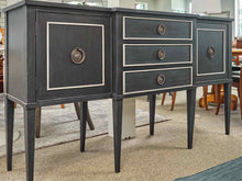 Black Vintage Breakfront Server with Grey Trim and Brass Ring Pulls