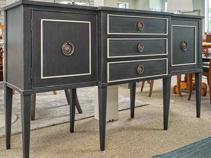 Black Vintage Breakfront Server with Grey Trim and Brass Ring Pulls