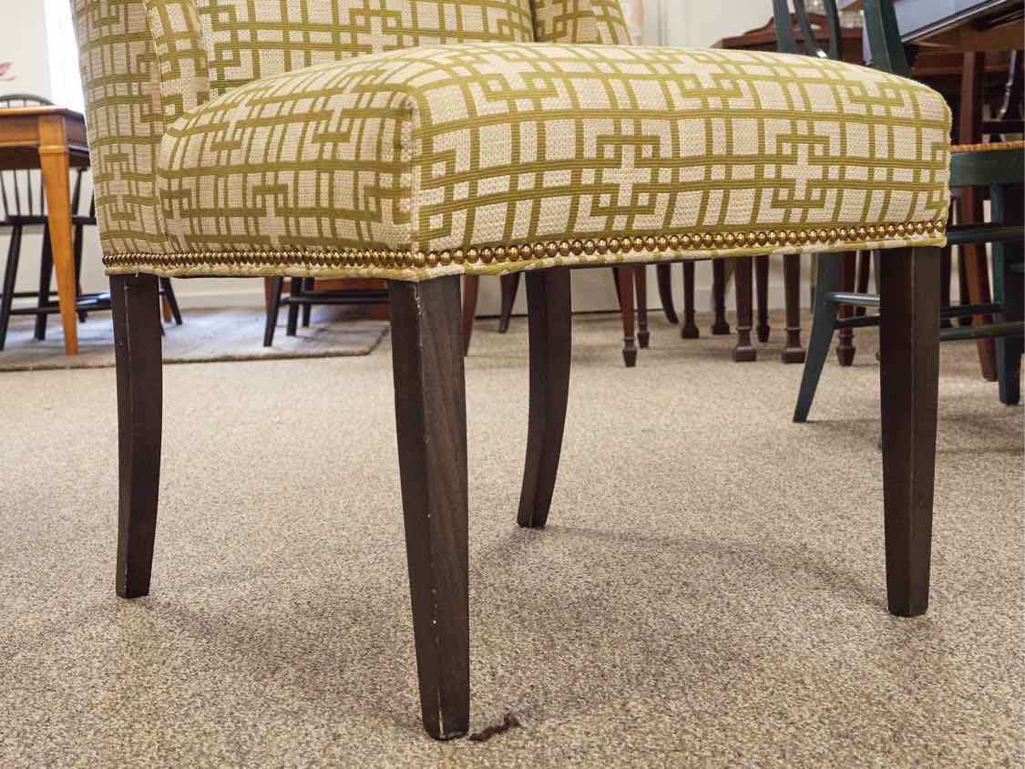 Pair of Kravet Host & Hostess  Dining Chairs in Chartreuse Green & Ivory